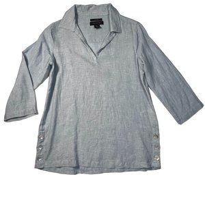 TAHARI Small 100% Linen Tunic Top Shirt Blouse 3/4 Sleeve Lagenlook Blue Coastal